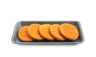 Uncooked breaded cutlets on white background. Freshly frozen semi-finished product