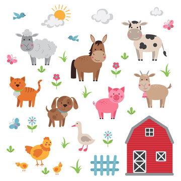 Farm animals cartoon set on white background.