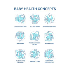 Baby health blue concept icons set. Infant care idea thin line color illustrations. Bringing up baby. Child mental and physical health. Vector isolated outline drawings. Editable stroke