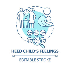 Heed child feelings blue concept icon. Pay attention to kid emotions abstract idea thin line illustration. Child mental health and socialization. Vector isolated outline color drawing. Editable stroke