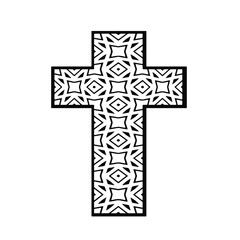 cross with black and white patterns on a white background. 