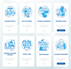 Raising child blue onboarding mobile app page screen set. Health care and hygiene walkthrough 4 steps graphic instructions with concepts. UI, UX, GUI vector template with linear color illustrations