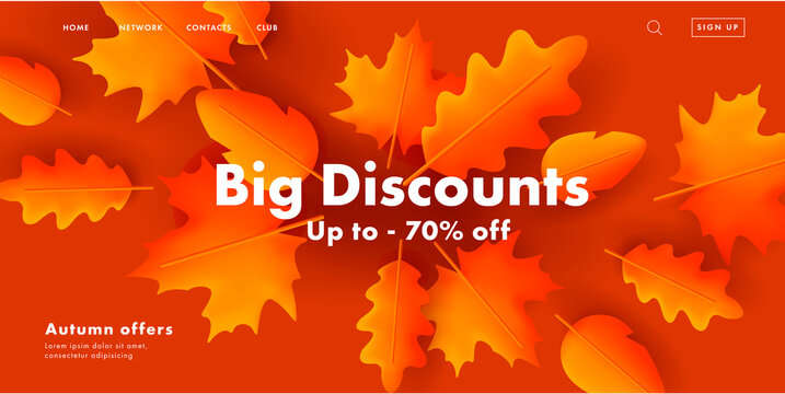 Autumn discount sale banner with 3d illustration of different fall leaves in modern 3d render style