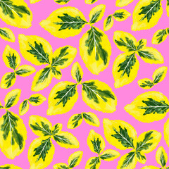 green leaves seamless pattern pink background. Exotic wallpaper