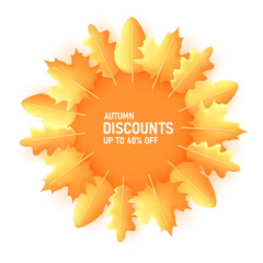 Autumn discount graphic element, yellow circle with promo inside and 3d autumn leaves around creating sun shape