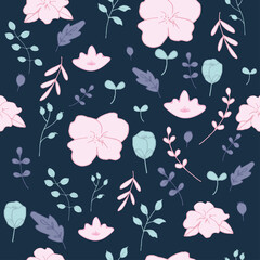 Hand drawn flowers, plants and leaves, botanical seamless pattern vector design for fashion,fabric,wallpaper and all prints on dark background. Cute pattern in doodle style. Small colorful flowers.