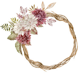 Watercolor fall wreath decorated with aster flowers, autumn leaves. Beautiful floral circle frame isolated on the white background.