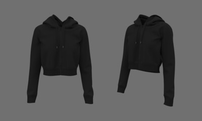 Blank cropped hooded sweatshirt mockup with zipper in front and side views, 3d rendering, 3d illustration