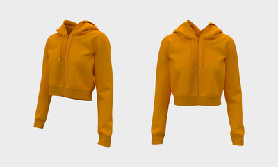 Blank cropped hooded sweatshirt mockup with zipper in front and side views, 3d rendering, 3d illustration