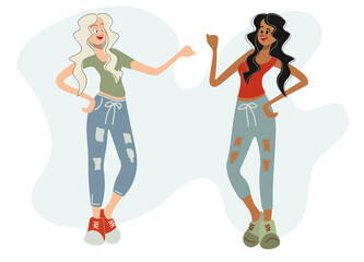 Two modern, cheerful girls are actively talking and laughing. Girlfriends or couple in love. The teenagers are happy to meet, shaking hands with their fists. Vector graphics with funny flat characters