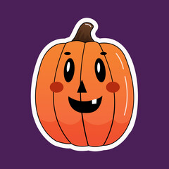 Pumpkin with a funny muzzle sticker. Cute pumpkin on a purple background. Vector illustration.