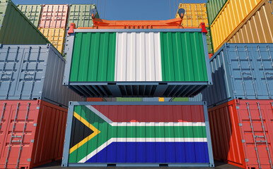 Freight containers with Nigeria and South Africa national flags. 3D Rendering 