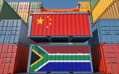 Freight containers with China and South Africa national flags. 3D Rendering 