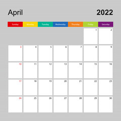 Сalendar page for April 2022, wall planner with colorful design. Week starts on Sunday.