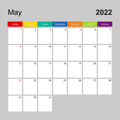 Сalendar page for May 2022, wall planner with colorful design. Week starts on Sunday.