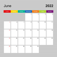Сalendar page for June 2022, wall planner with colorful design. Week starts on Sunday.