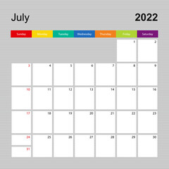 Сalendar page for July 2022, wall planner with colorful design. Week starts on Sunday.