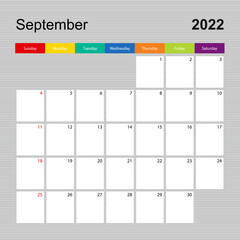 Сalendar page for September 2022, wall planner with colorful design. Week starts on Sunday.