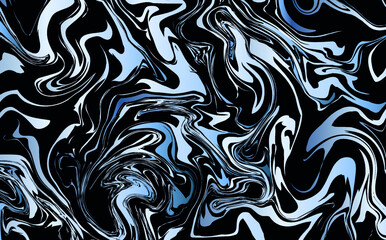 Black fluid art background with blue accents. Liquid marble. Art, 3D, mixed oil paints