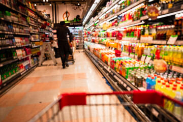 Defocused blur put on the at alcohol drink products in supermarket