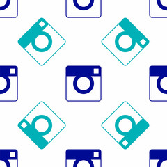 Blue Photo camera icon isolated seamless pattern on white background. Foto camera. Digital photography. Vector