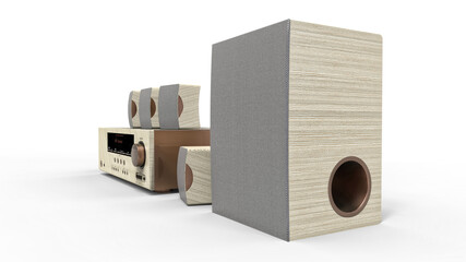 DVD receiver and home theater system with speakers and subwoofer made of painted metal and light wood. 3d illustration.