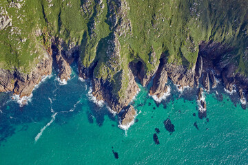 Aerial view of the eroded coastline of North Cornwall, UK