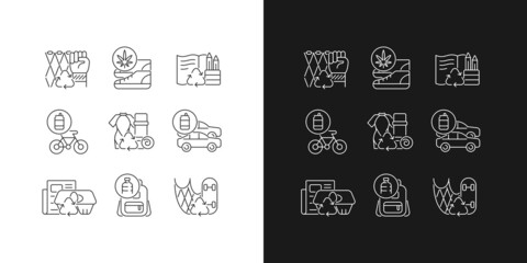 Reducing waste linear icons set for dark and light mode. Upcycling products. Biodegradable stationery. Customizable thin line symbols. Isolated vector outline illustrations. Editable stroke
