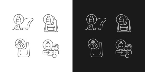 Products from recycled plastics linear icons set for dark and light mode. Ethical production. Eco-friendly bag. Customizable thin line symbols. Isolated vector outline illustrations. Editable stroke