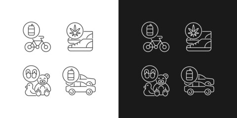 Recycling business linear icons set for dark and light mode. Eco friendly bike. Sustainable shoes. Customizable thin line symbols. Isolated vector outline illustrations. Editable stroke