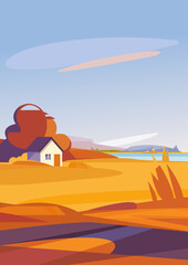 Fototapeta na wymiar Autumn landscape with house on the river bank. Natural scenery in vertical orientation.