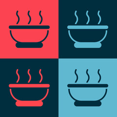 Pop art Bowl of hot soup icon isolated on color background. Vector
