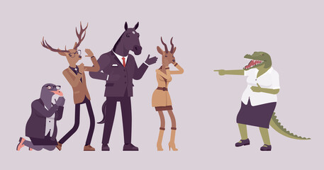 Animal crocodile mocking at deer, roe, gull and horse. Workers and laughing business female person making mean public fun, office king with abusing power against weak employees. Vector illustration