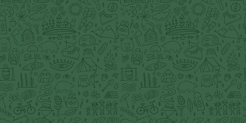 World Tourism Day. Forest and Mountain Tourist Seamless pattern. Camping Background for your design. - 456192883