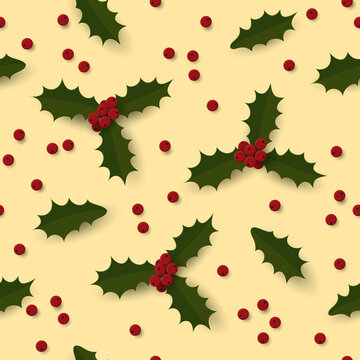 Seamless Christmas pattern with holly berry vector illustration. Decorative vector illustration.