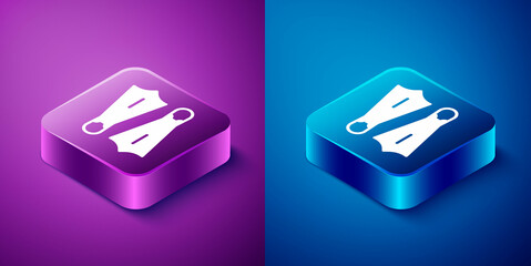 Isometric Rubber flippers for swimming icon isolated on blue and purple background. Diving equipment. Extreme sport. Sport equipment. Square button. Vector © Kostiantyn