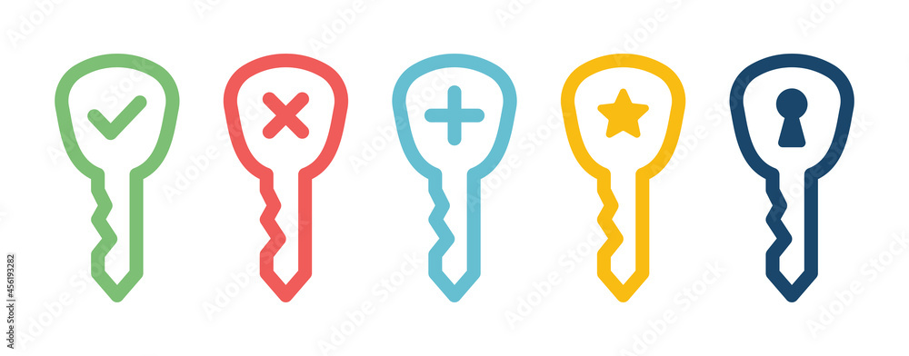 Poster keys icon set. containing key with check mark, cross, plus, star and keyhole symbol.