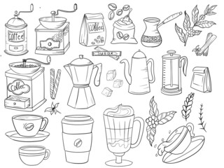 Coffee. A set of items for the preparation of nipitkov in the Coffee House. Decor element. Vector illustration isolated on white background.