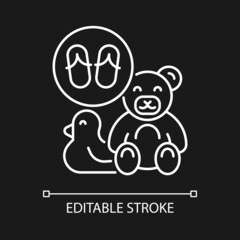 Toys made from flip flops white linear icon for dark theme. Sustainable handmade toys. Thin line customizable illustration. Isolated vector contour symbol for night mode. Editable stroke