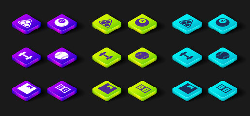 Set Bathroom scales, Sport mechanical scoreboard, Dumbbell, Tennis ball, Billiard pool snooker and balls in rack triangle icon. Vector