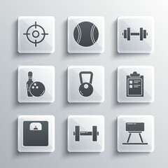 Set Dumbbell, Pommel horse, Sport training program, Kettlebell, Bathroom scales, Bowling pin and ball, Target sport and icon. Vector