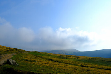 Hiking on the Bucegi Plateau, the road from Piatra Arsa to  Babele, Carpathian Mountains, Romania. 