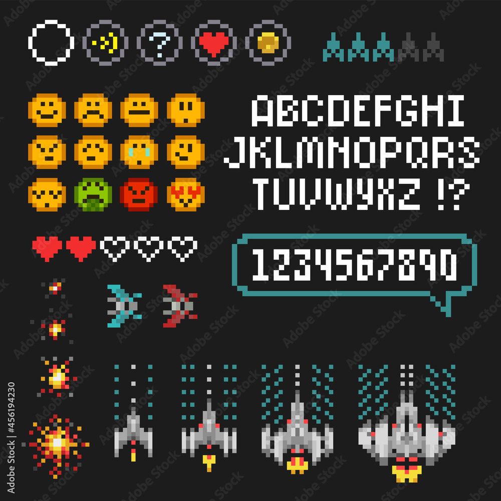 Poster retro 8 bit arcade game creator set with font alphabet. ufo aliens, space ships, rockets. pixel art 