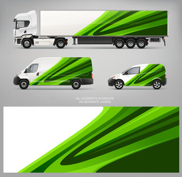 Realistic vector Van, truck trailer mockup with abstract green design for branding and corporate identity. Abstract graphics of green and black stripes for business background or flyer design