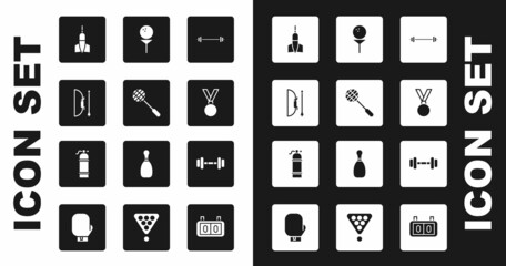 Set Barbell, Tennis racket, Bow and arrow in quiver, Dart, Medal, Golf ball on tee, Dumbbell and Aqualung icon. Vector