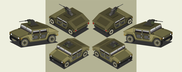 3d set of military off-road all-wheel drive vehicles of khaki color with a heavy machine gun on the roof © GAlexS