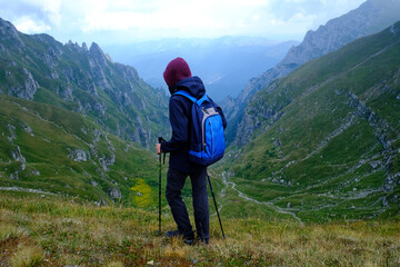 Fototapeta na wymiar Hiking on the way to Omu Peak, hiking from Babele to Omu Chalet Route, Bucegi Plateau, Carpathians Mountains, Prahova, Romania