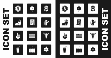Set Dream catcher with feathers, Declaration of independence, Burger and french fries, Coin money dollar, Cactus, American Football ball, Buffalo skull and Number 1 fan hand glove icon. Vector