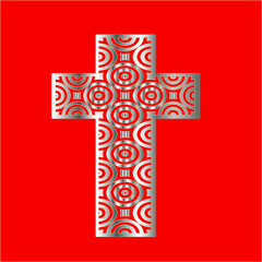 
cross with patterns of metal on a red background. 