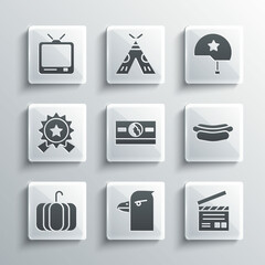 Set Eagle head, Movie clapper, Hotdog sandwich, Stacks paper money cash, Pumpkin, Medal with star, Retro tv and Military helmet icon. Vector